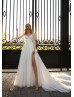 Long Sleeves Beaded Ivory Lace Tulle Slit Sparkly Wedding Dress